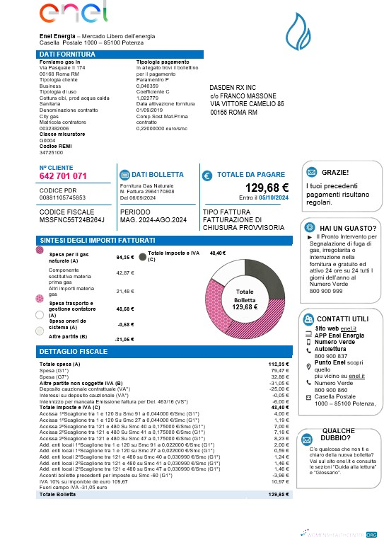 Download Italy Enel Energia business utility bill template in Word and PDF formats Photoshop template
